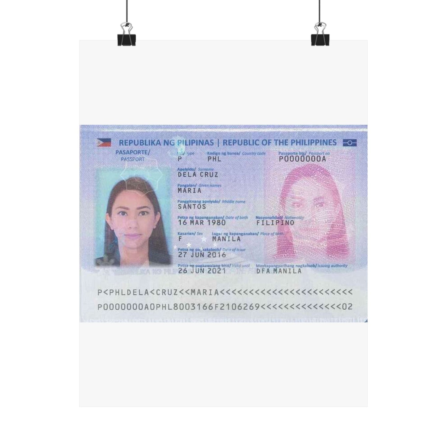 Philippine passport (2016 edition) data page (cropped) High Quality Matte Wall Art Poster for Home, Office, Classroom