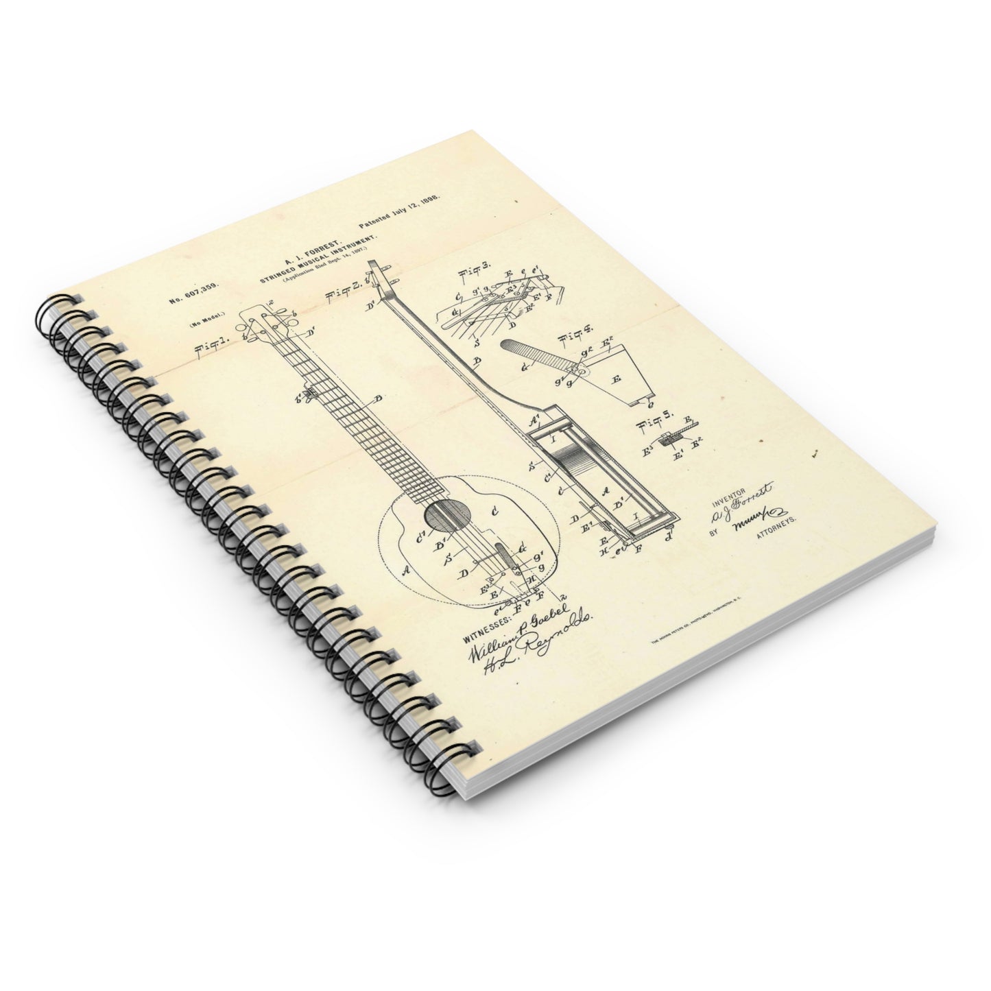 Patent Case File No. 607,359, Stringed Musical Instrument, Inventor- Albert J. Forrest - DPLA - 4131de1d6cfd166bec48feb68641443c (page 21) Spiral Bound Ruled Notebook with Printed Cover