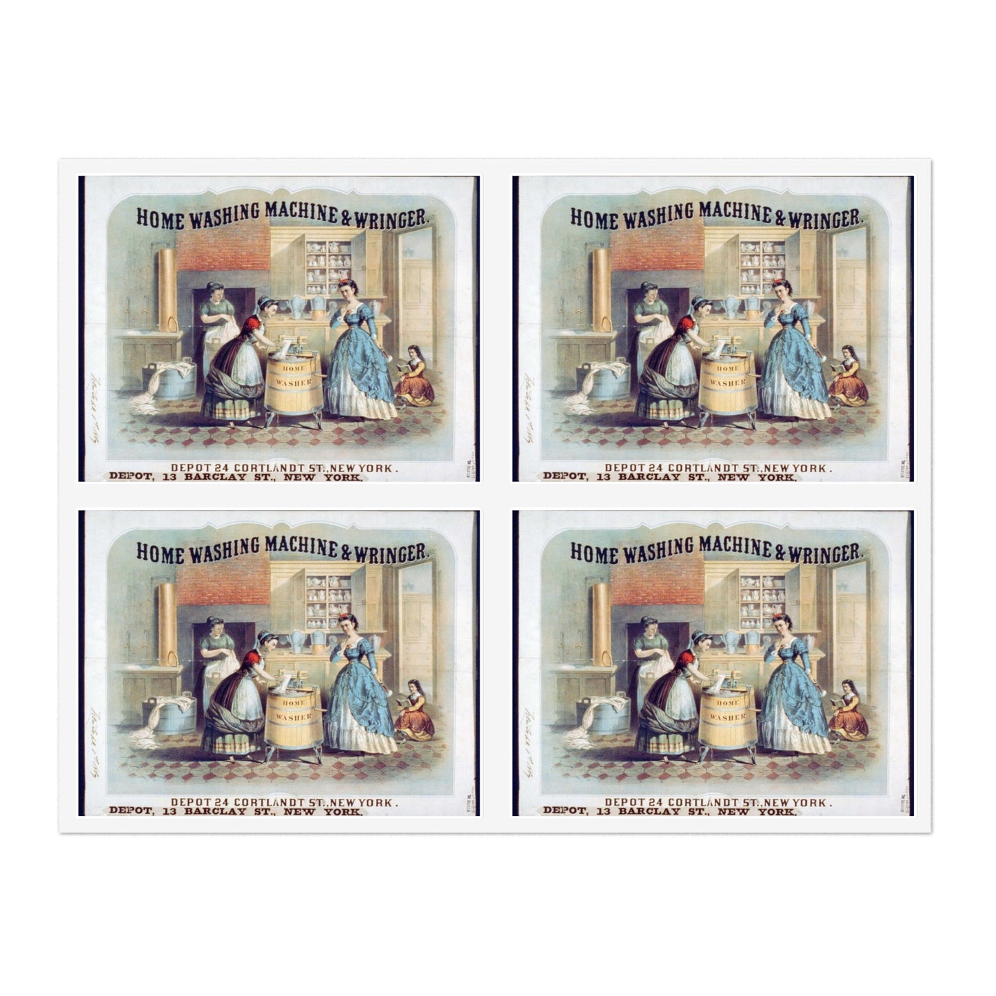 Home washing machine & wringer - A painting of women washing machines in a kitchen Laminated UV Protective Vinyl Stickers