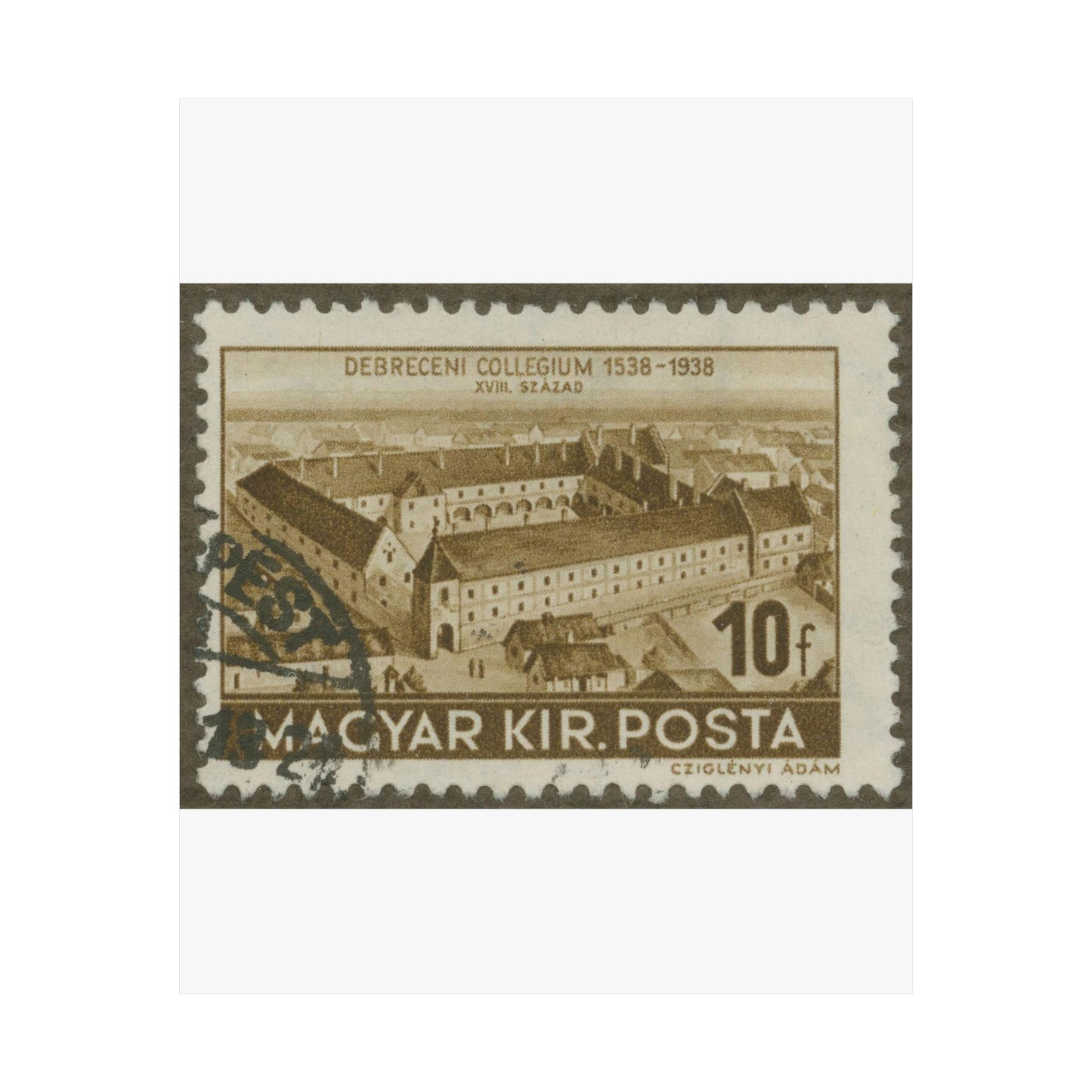 Frimärke ur Gösta Bodmans filatelistiska motivsamling, påbörjad 1950.Frimärke från Ungern, 1938. Motiv av Ungerns Universitet i Debreczen på 1700-talet. "400-årsminne: 1538-1938". High Quality Matte Wall Art Poster for Home, Office, Classroom