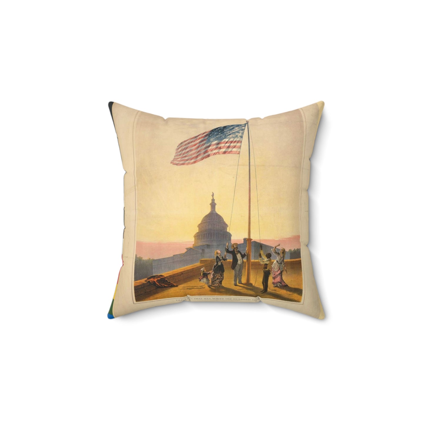 The flag that has waved one hundred years--A scene on the morning of the fourth day of July 1876 / Fabronius ; E.P. & L. Restein's oilchromo, Philadelphia. ; National Chromo Co. pub., Philadelphia. Decorative Accent Square Pillow