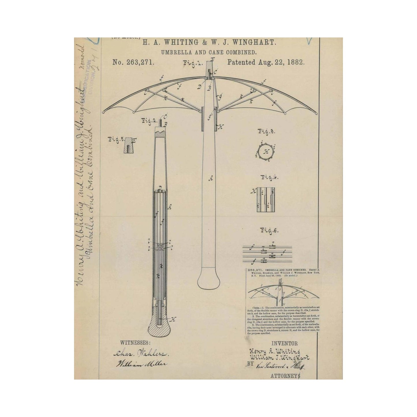 Patent drawing - for H. A. Whiting and W. J. Winghart's Umbrella and Cane Combined Public domain image High Quality Matte Wall Art Poster for Home, Office, Classroom