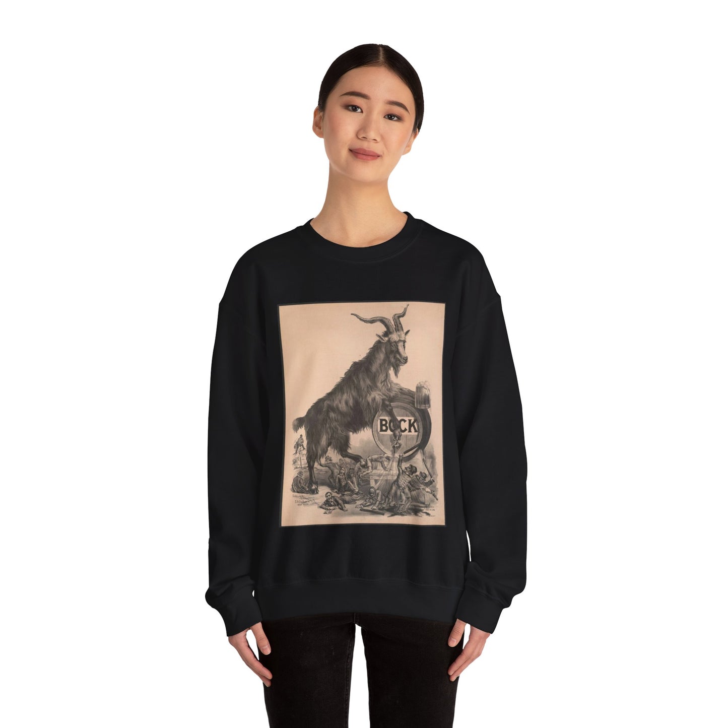 Giant bock goat resting on a keg, holding a mug of beer, men under the goat scrambling Black Heavy Blend Adult Crew Neck SweatShirt