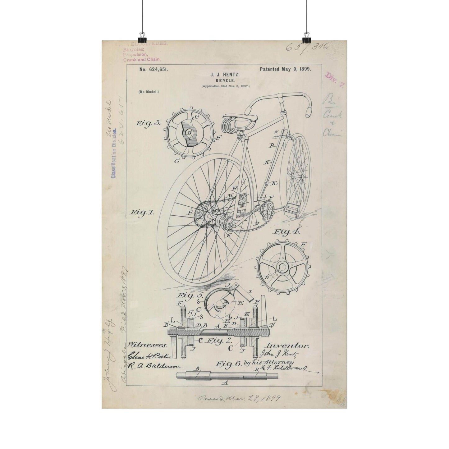Patent drawing - for J. J. Hentz' Bicycle Public domain image High Quality Matte Wall Art Poster for Home, Office, Classroom