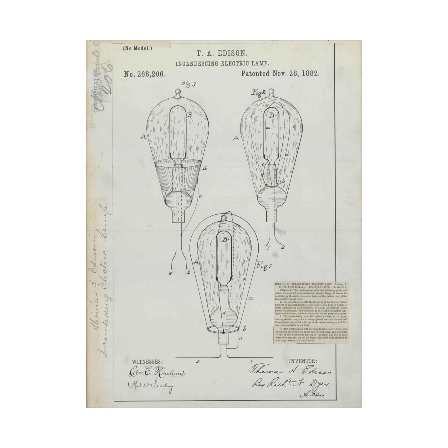 Patent drawing - for T. A. Edison's Incandescing Electric Lamp Public domain image High Quality Matte Wall Art Poster for Home, Office, Classroom