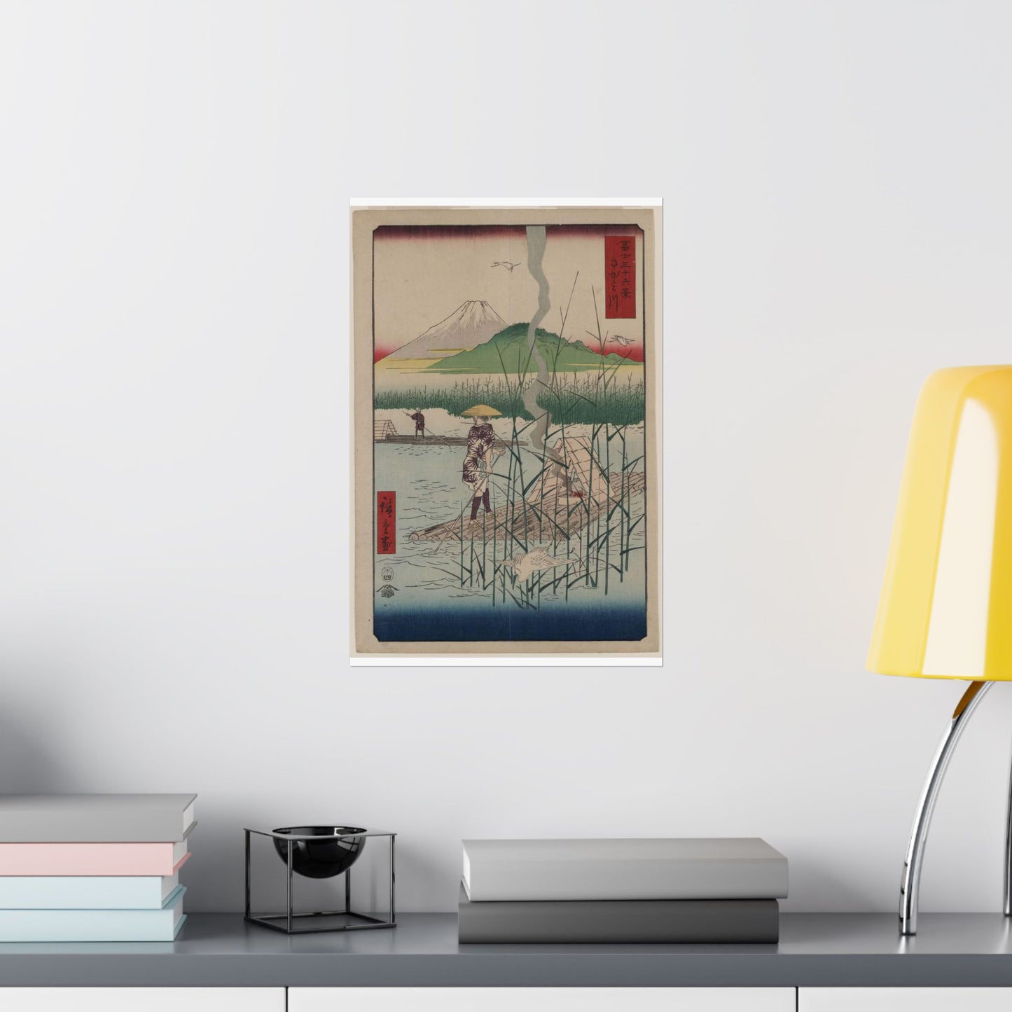 18 - The Sagami River - A painting of a man standing on a boat in a body of water High Quality Matte Wall Art Poster for Home, Office, Classroom