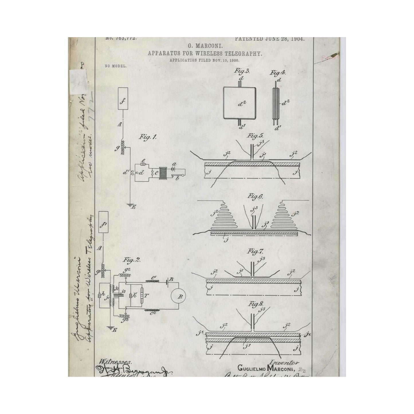 Patent drawing - for G. Marconi's Apparatus for Wireless Telegraphy Public domain image High Quality Matte Wall Art Poster for Home, Office, Classroom
