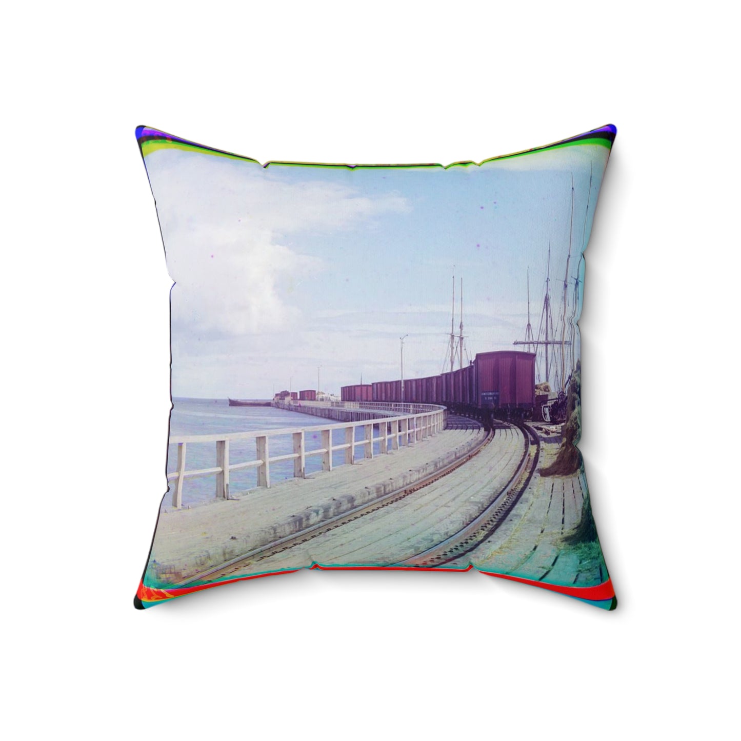 Sorochya Bay. Railroad dam in the Soroka inlet. Arkhangelsk Province, Russia. Decorative Accent Square Pillow