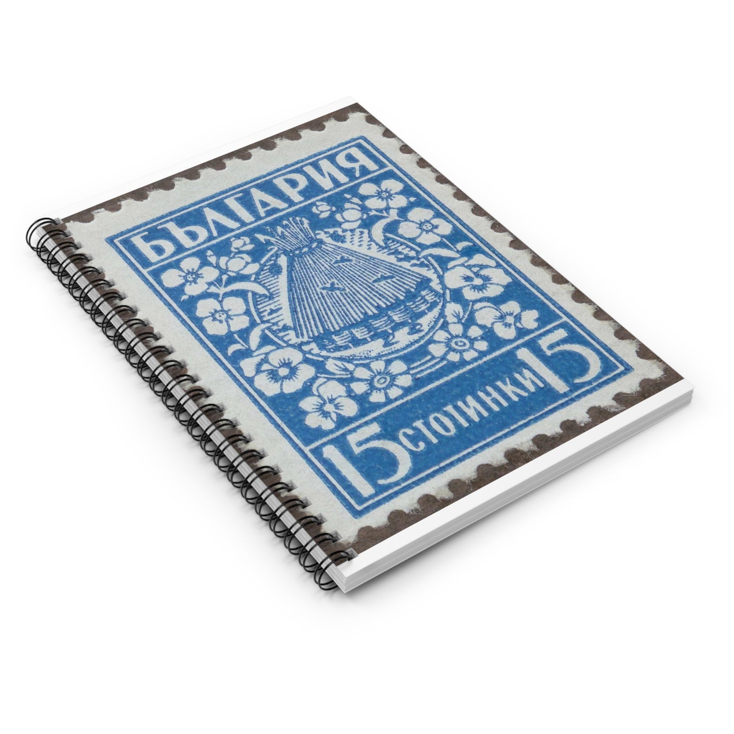 Frimärke ur Gösta Bodmans filatelistiska motivsamling, påbörjad 1950.Frimärke från Bulgarien, 1940. Motiv av bikupa. "Lanbrukspropaganda". Spiral Bound Ruled Notebook with Printed Cover