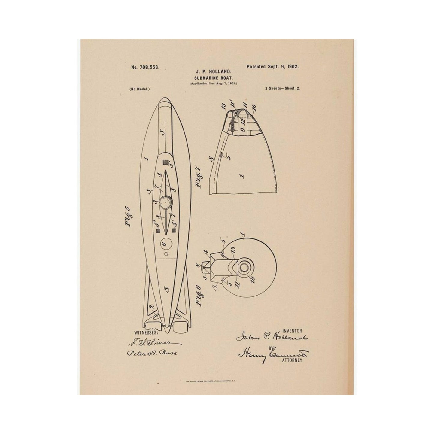 Patent drawing - Drawing for a Submarine Boat Public domain image High Quality Matte Wall Art Poster for Home, Office, Classroom