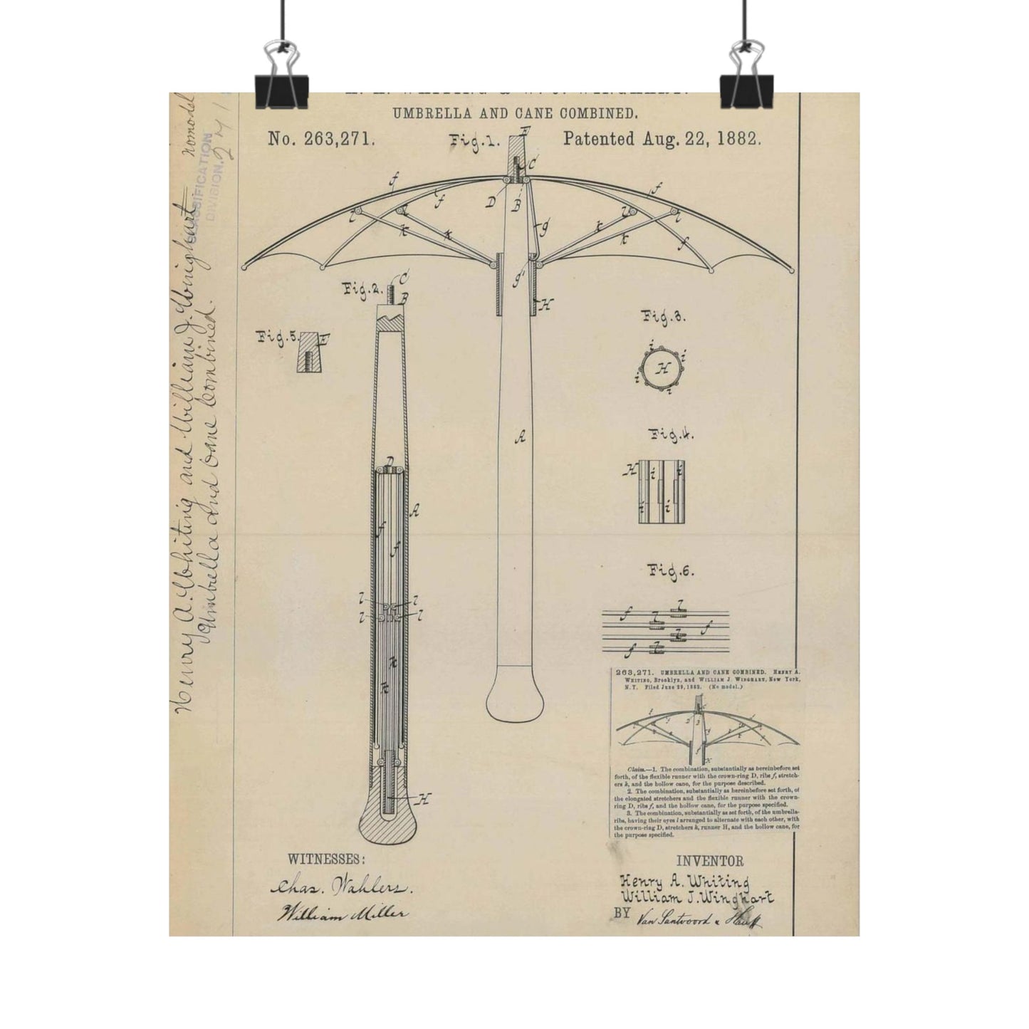 Patent drawing - for H. A. Whiting and W. J. Winghart's Umbrella and Cane Combined Public domain image High Quality Matte Wall Art Poster for Home, Office, Classroom