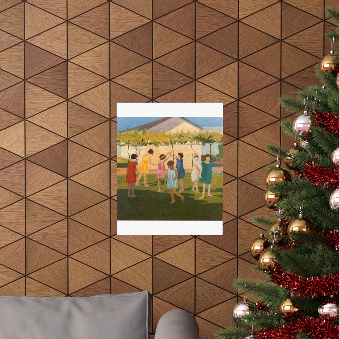 Petrona Viera - A painting of a group of children playing with a kite High Quality Matte Wall Art Poster for Home, Office, Classroom