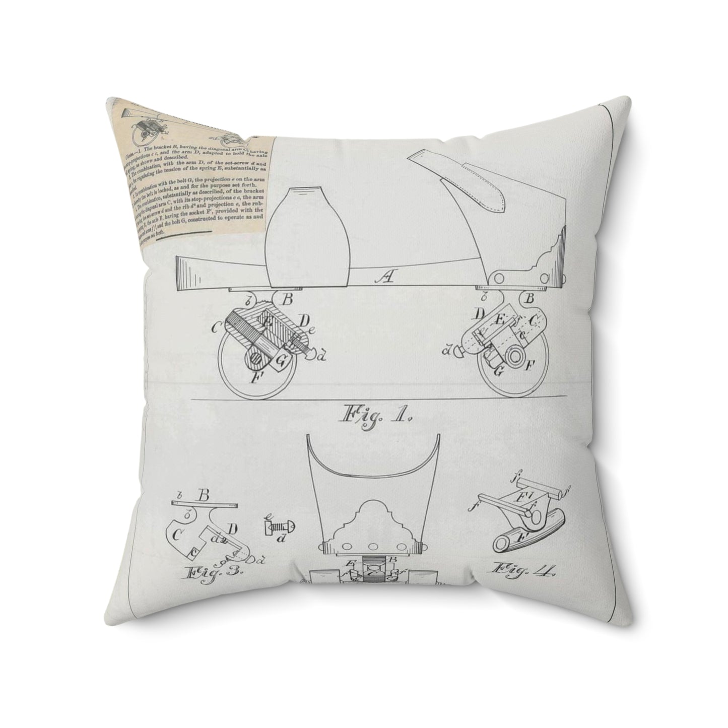 Patent drawing - for F. A. Combes' Roller Skate Public domain image Decorative Accent Square Pillow
