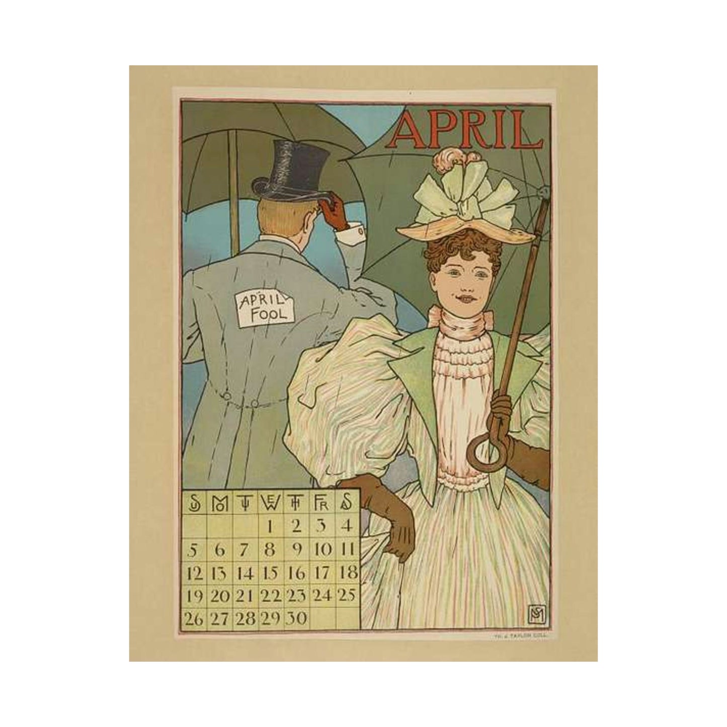 April, Art Nouveau Poster - Art nouveau public domain poster High Quality Matte Wall Art Poster for Home, Office, Classroom