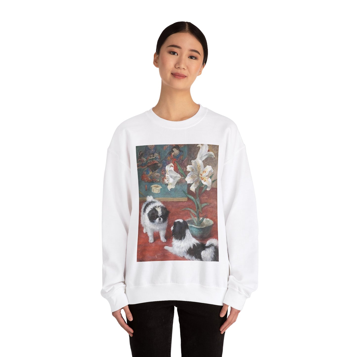 Two Japanese Chins in an interior by Frances C. Fairman White Heavy Blend Adult Crew Neck SweatShirt