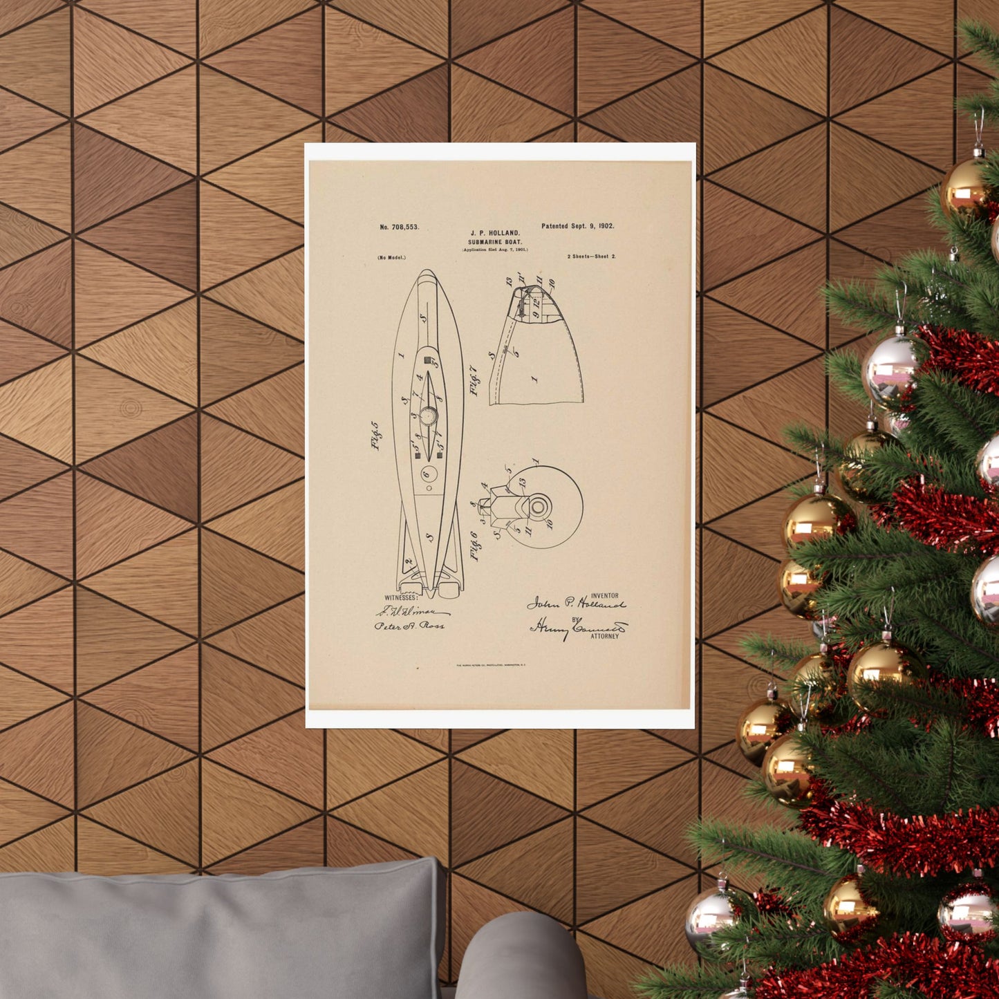 Patent drawing - Drawing for a Submarine Boat Public domain image High Quality Matte Wall Art Poster for Home, Office, Classroom