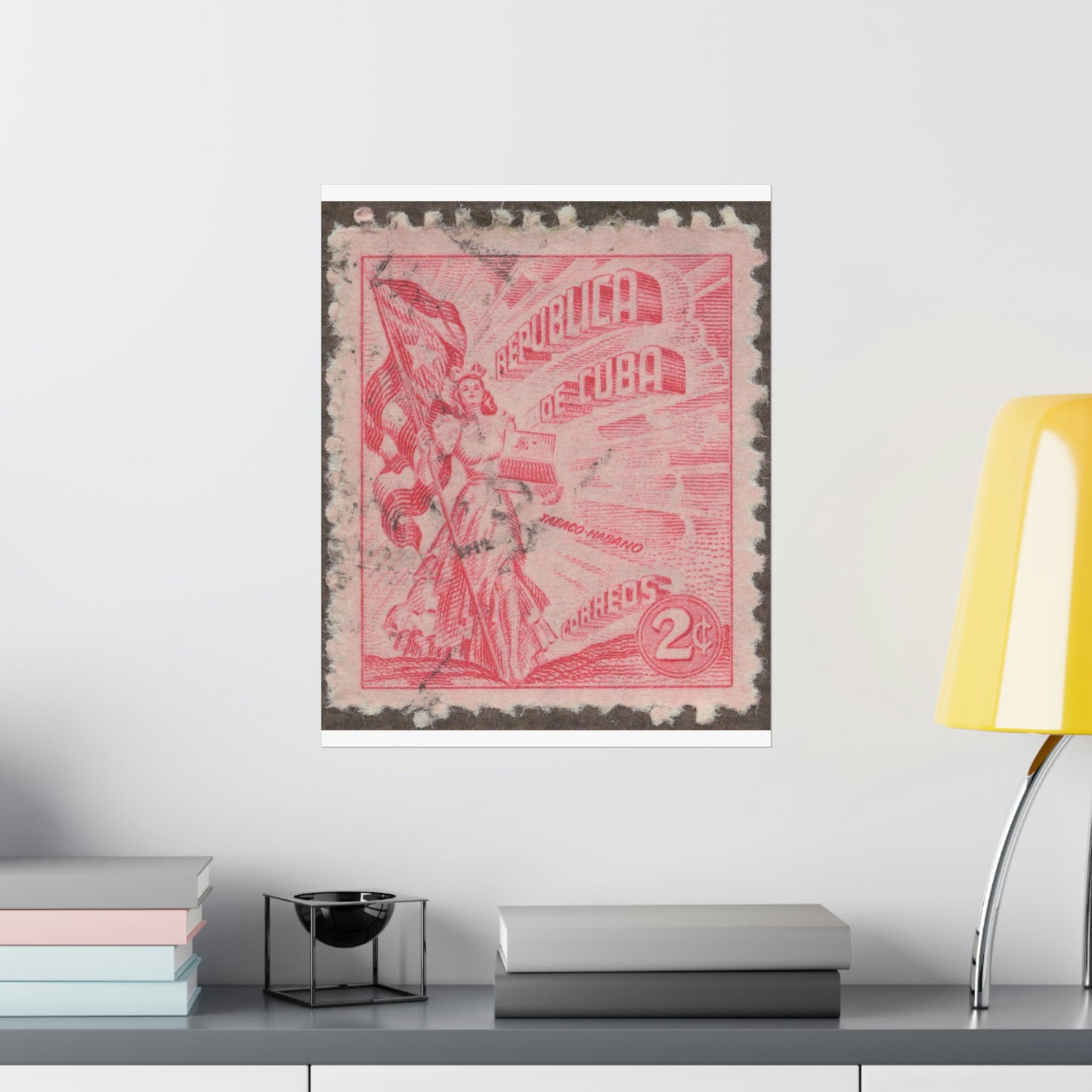 Frimärke ur Gösta Bodmans filatelistiska motivsamling, påbörjad 1950.Frimärke från Cuba, 1948. Motiv av kvinnosymbol för friheten med cigrarrlåda och flagga. High Quality Matte Wall Art Poster for Home, Office, Classroom