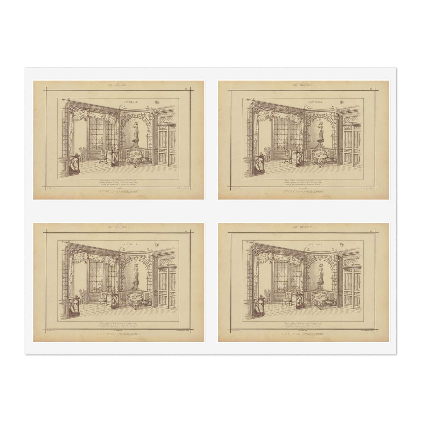 Vestibule : décor de baie en bois découpé sur treillage doré. Lambris, meubles et porte en bois de frêne verni. Etoffe des sièges et de la baie en soie brochée. Laminated UV Protective Vinyl Stickers