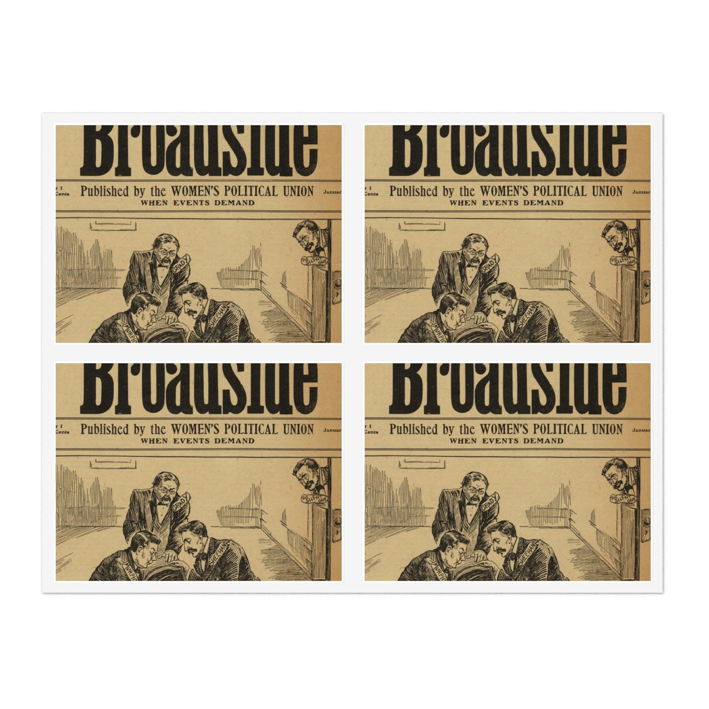 Votes for Women Broadside with graphic of men rocking cradle Laminated UV Protective Vinyl Stickers