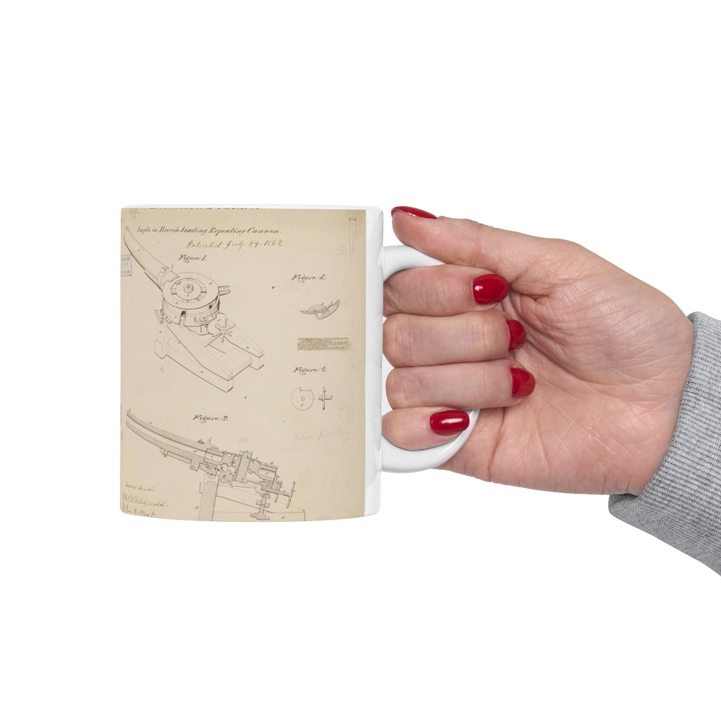 Patent drawing - Drawing of Improvements in Breech-Loading Repeating Cannon Public domain image Beautiful Novelty Ceramic Coffee Mug 11oz