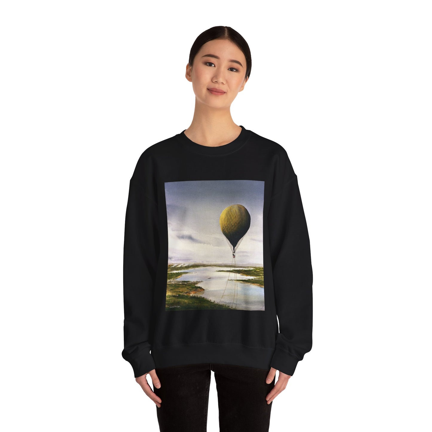 Artwork: "T.S.C. Lowe's Ballon Tethered at 1,000 Feet Above the York River in 1862". Artist: John McCoy Black Heavy Blend Adult Crew Neck SweatShirt