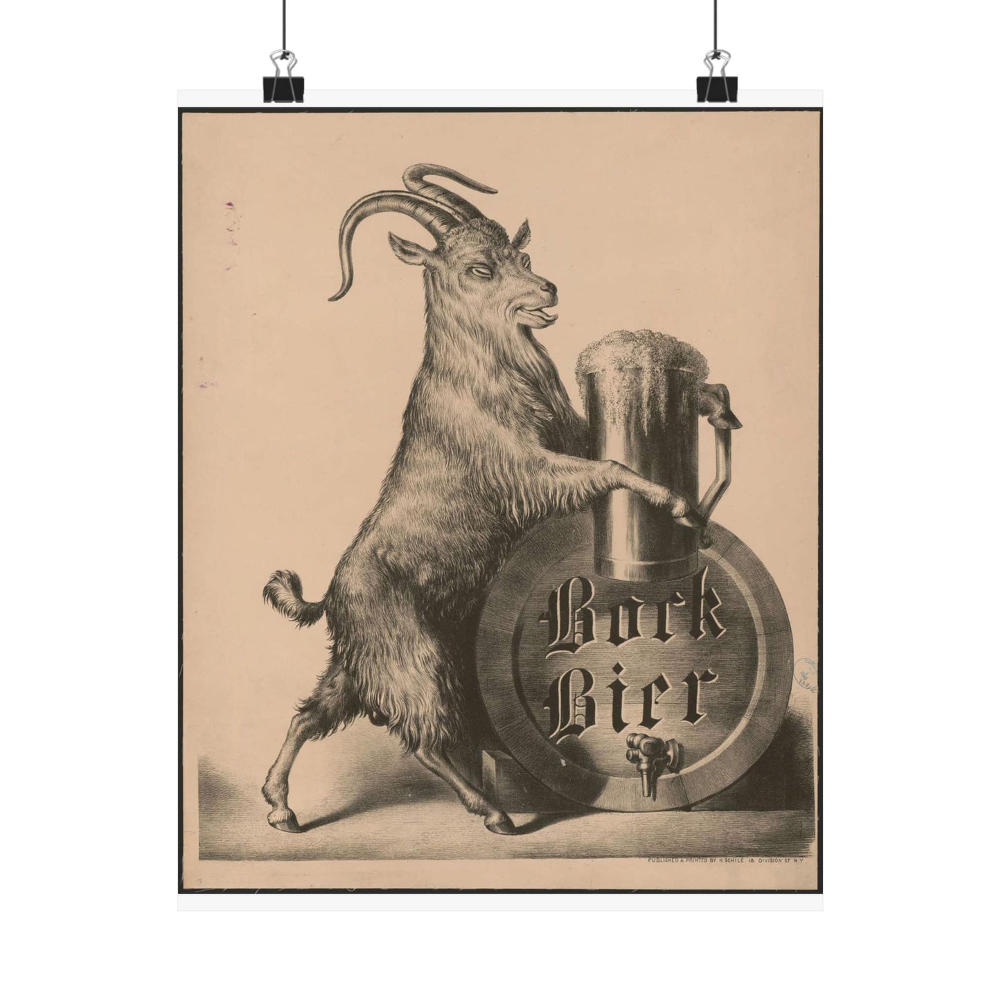 Bock Bier goat on hind legs, holding large mug of beer with front hooves High Quality Matte Wall Art Poster for Home, Office, Classroom