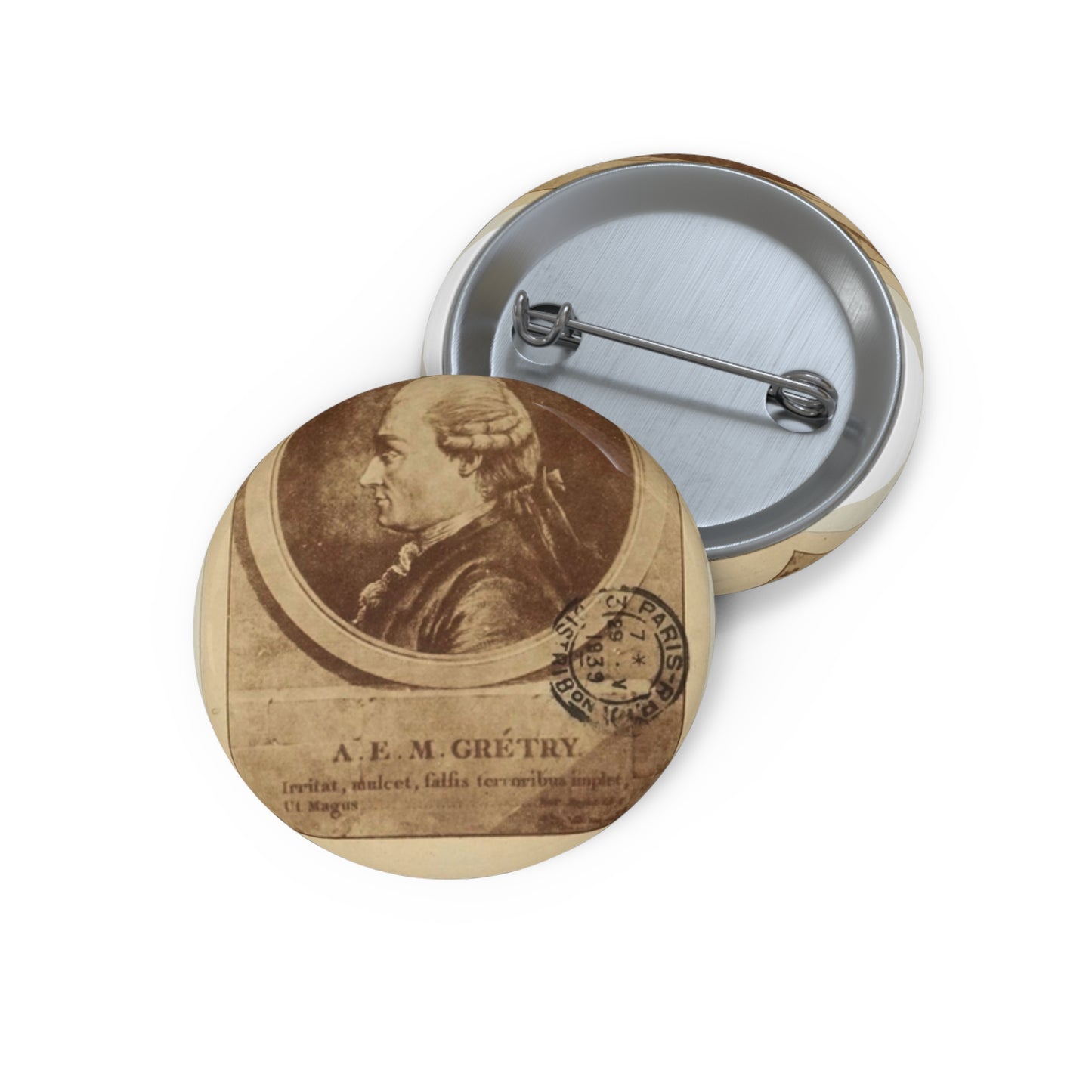 André Modeste Grétry 1741-1813 - Engraving, Public domain image Pin Buttons with Crisp Design