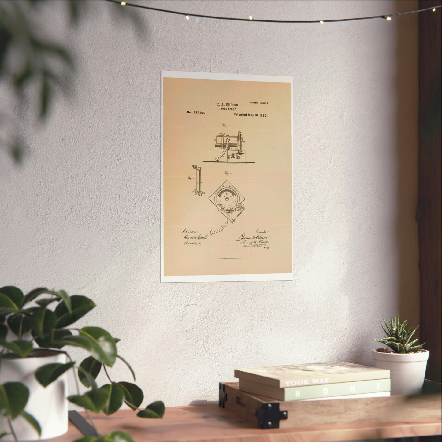 Patent Drawing of Engine - Drawing for a Phonograph Public domain image High Quality Matte Wall Art Poster for Home, Office, Classroom