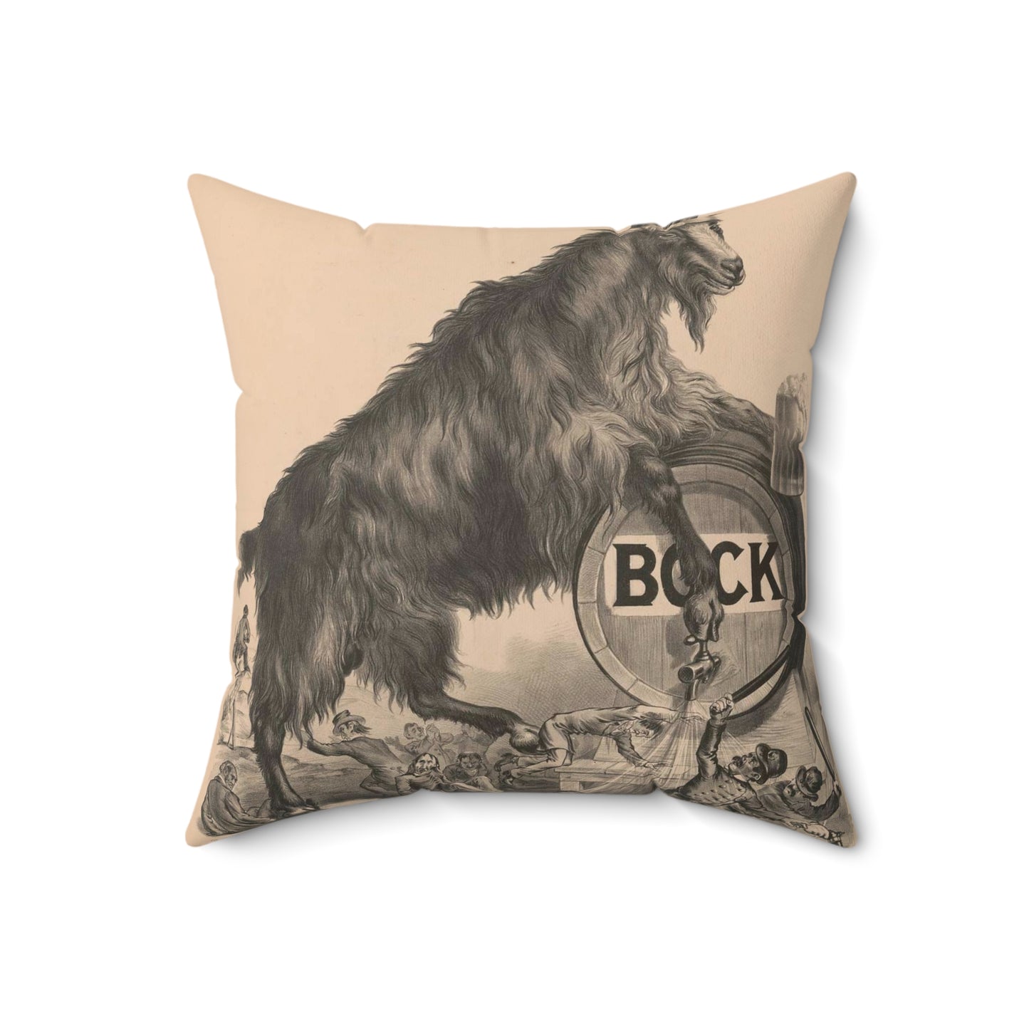 Giant bock goat resting on a keg, holding a mug of beer, men under the goat scrambling Decorative Accent Square Pillow