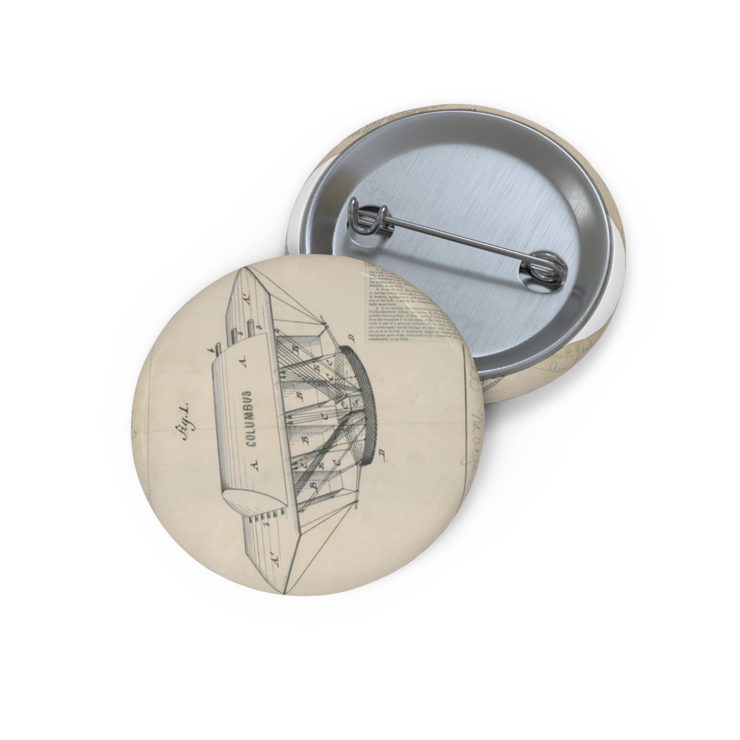 Patent drawing - for C. P. Fest's Air Ship Public domain image Pin Buttons with Crisp Design