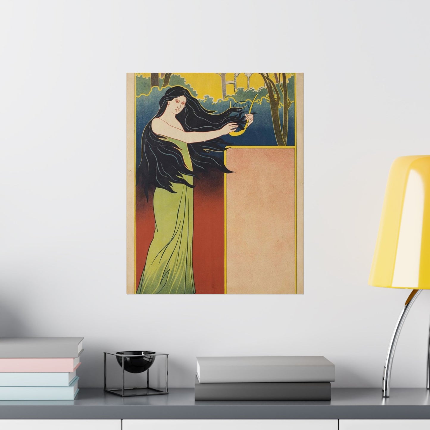 A painting of a woman with long black hair. Vintage art deco, beauty fashion. High Quality Matte Wall Art Poster for Home, Office, Classroom