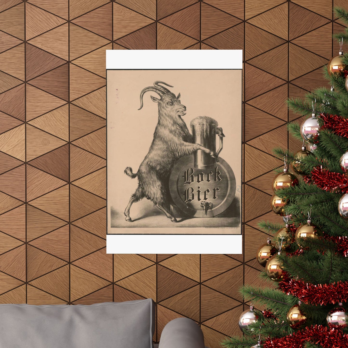 Bock Bier goat on hind legs, holding large mug of beer with front hooves High Quality Matte Wall Art Poster for Home, Office, Classroom