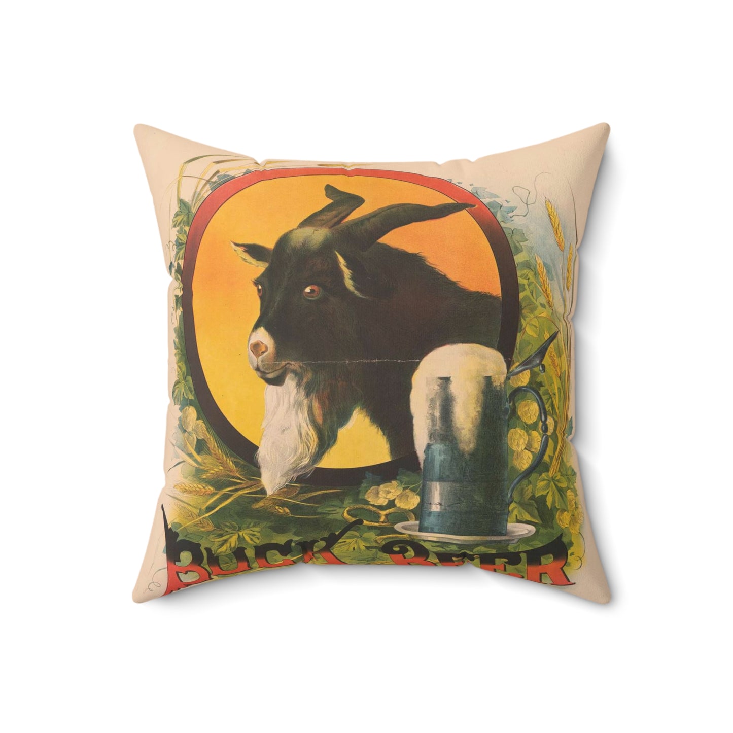 Bock Beer, the head of a goat inside an oval, with a stein of beer sitting on a bed of hops, underneath the oval Decorative Accent Square Pillow
