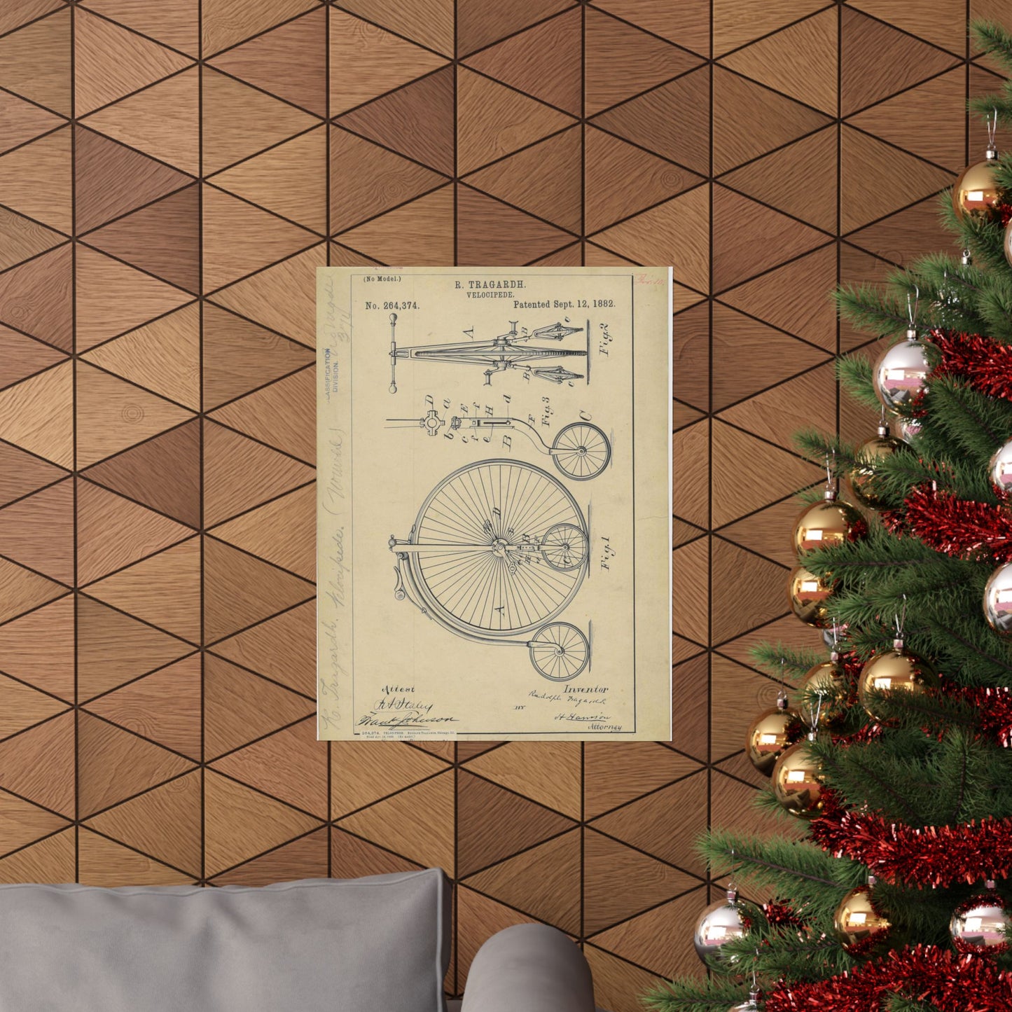 Patent drawing - Drawing of a Velocipede Public domain image High Quality Matte Wall Art Poster for Home, Office, Classroom