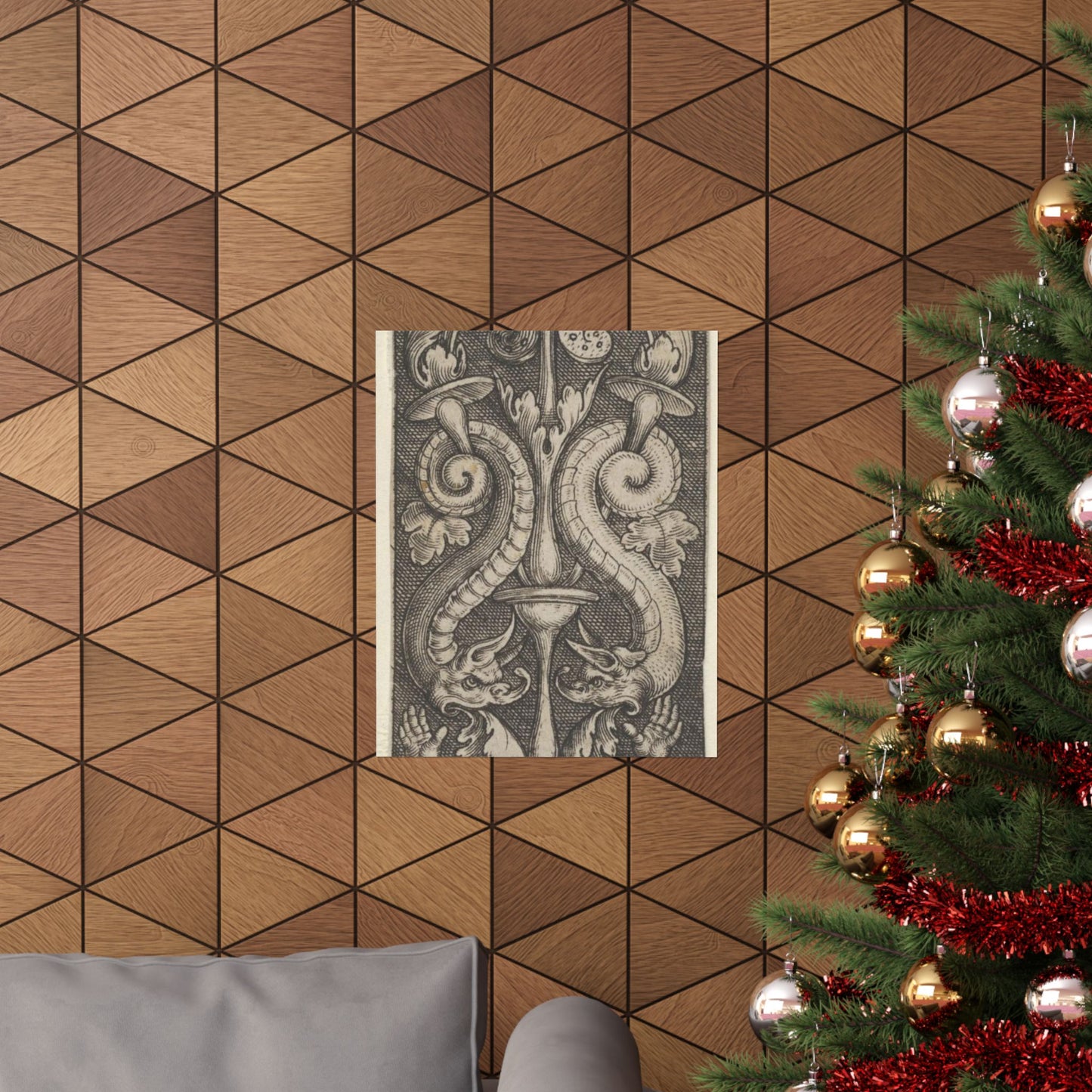 Vertical Panel with a Candelabrum Stemming from a Leaf-Faced Grostesque at Bottom High Quality Matte Wall Art Poster for Home, Office, Classroom