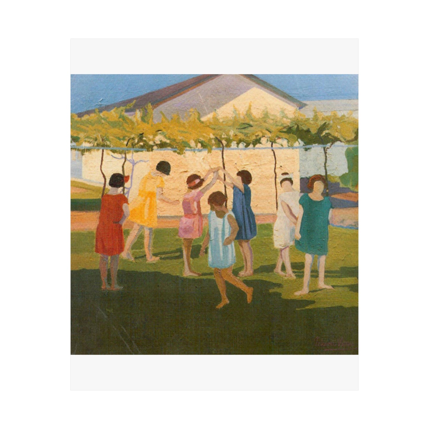 Petrona Viera - A painting of a group of children playing with a kite High Quality Matte Wall Art Poster for Home, Office, Classroom