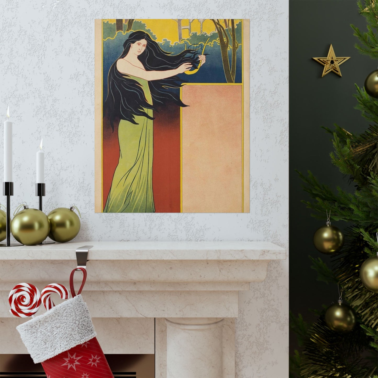 A painting of a woman with long black hair. Vintage art deco, beauty fashion. High Quality Matte Wall Art Poster for Home, Office, Classroom