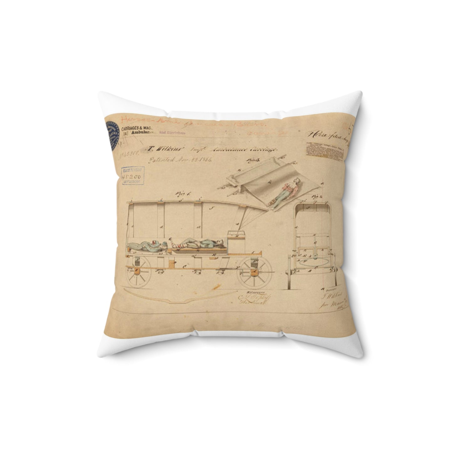 Patent drawing - Drawing of Improved Ambulance Carriage Public domain image Decorative Accent Square Pillow