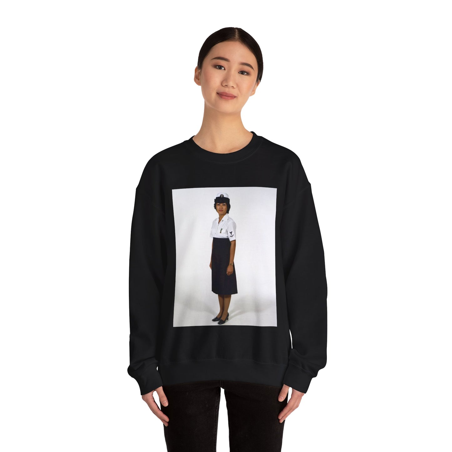 Uniform: Tropical dinner dress blue, Navy enlisted women, ranks E-1 through E-6 Black Heavy Blend Adult Crew Neck SweatShirt