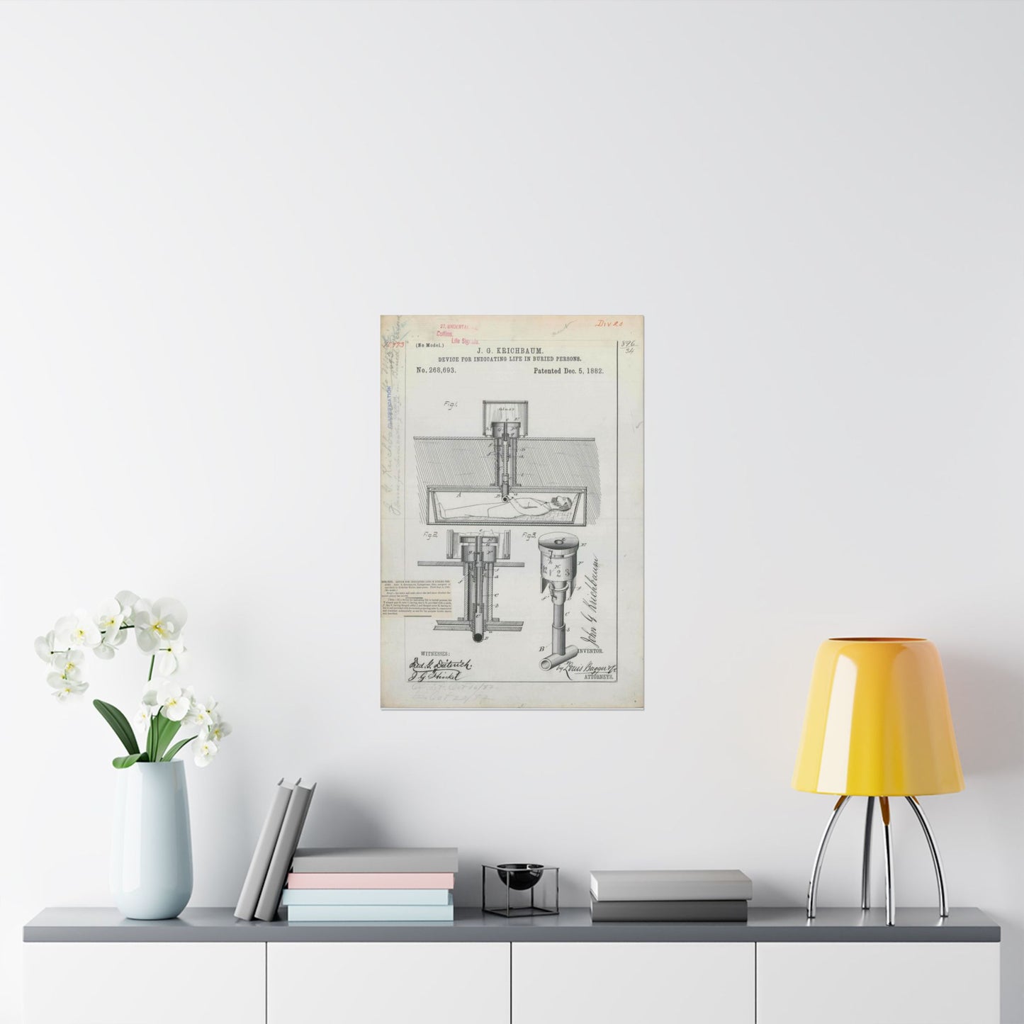 Patent drawing - for J. G. Krichbaum's Device for Indicating Life in Buried Persons Public domain image High Quality Matte Wall Art Poster for Home, Office, Classroom