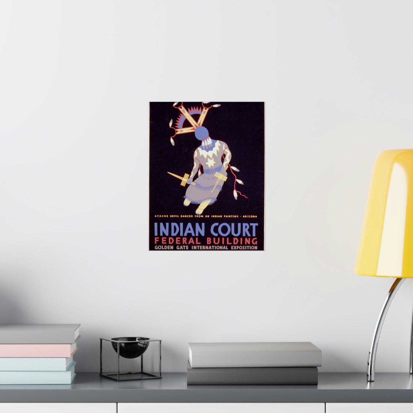 Indian court, Federal Building, Golden Gate International Exposition, San Francisco, 1939 Apache devil dancer from an Indian painting, Arizona / / Siegriest. High Quality Matte Wall Art Poster for Home, Office, Classroom