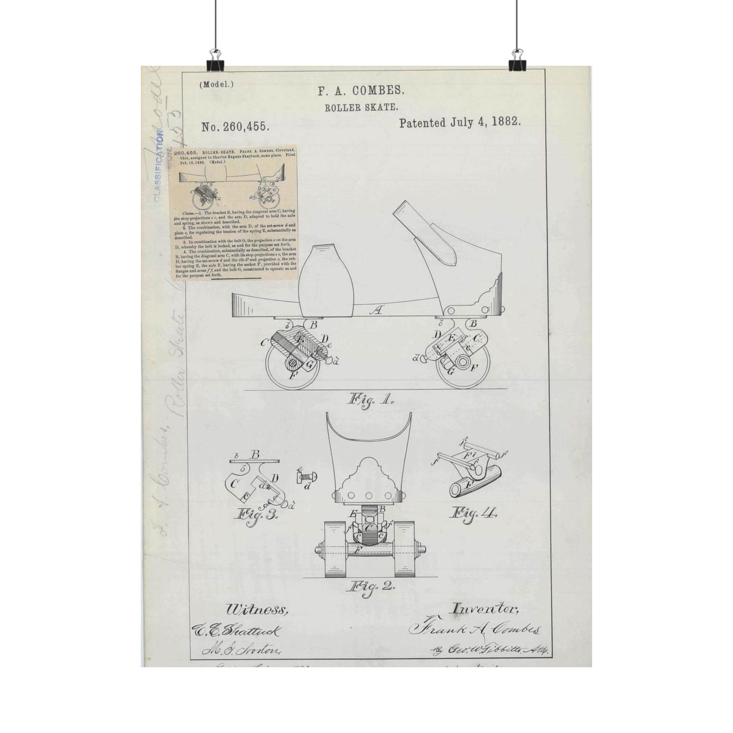 Patent drawing - for F. A. Combes' Roller Skate Public domain image High Quality Matte Wall Art Poster for Home, Office, Classroom