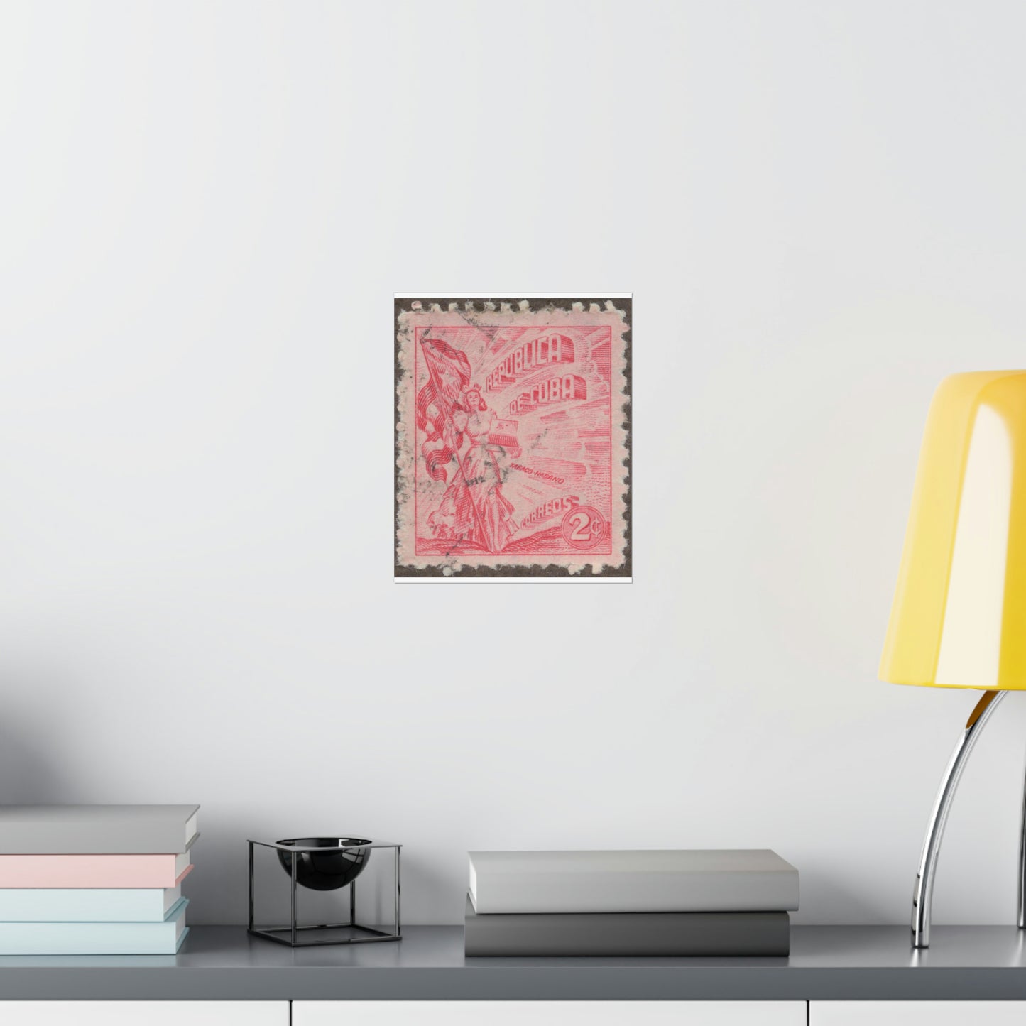 Frimärke ur Gösta Bodmans filatelistiska motivsamling, påbörjad 1950.Frimärke från Cuba, 1948. Motiv av kvinnosymbol för friheten med cigrarrlåda och flagga. High Quality Matte Wall Art Poster for Home, Office, Classroom