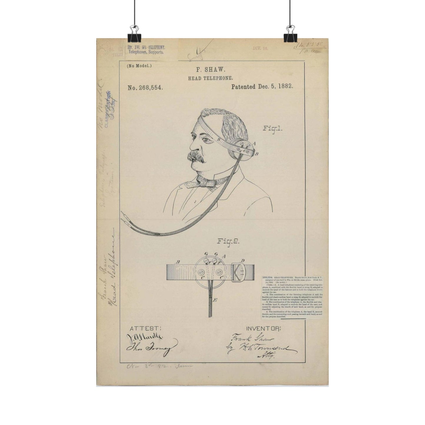 Patent drawing - for F. Shaw's Head Telephone Public domain image High Quality Matte Wall Art Poster for Home, Office, Classroom