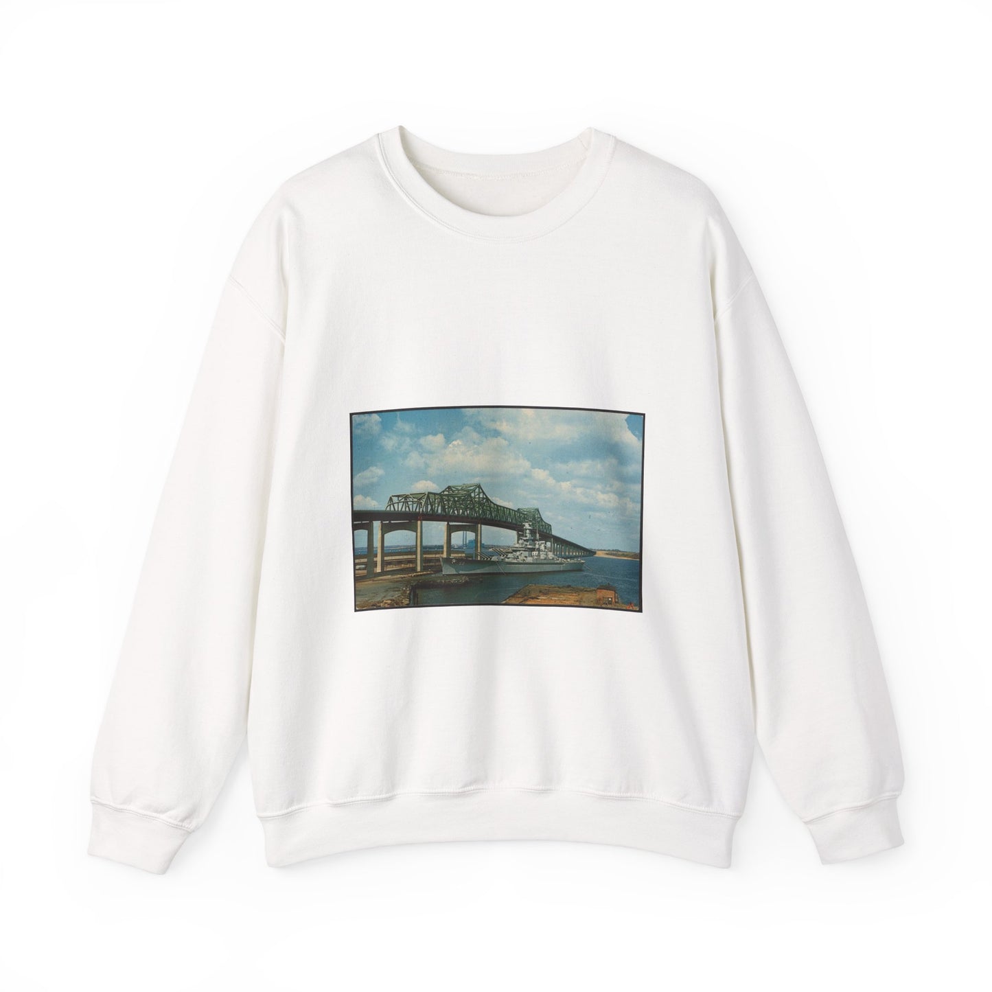 The battleship U.S.S. Massachusetts and Braga Bridge, Fall River, Massachusetts White Heavy Blend Adult Crew Neck SweatShirt