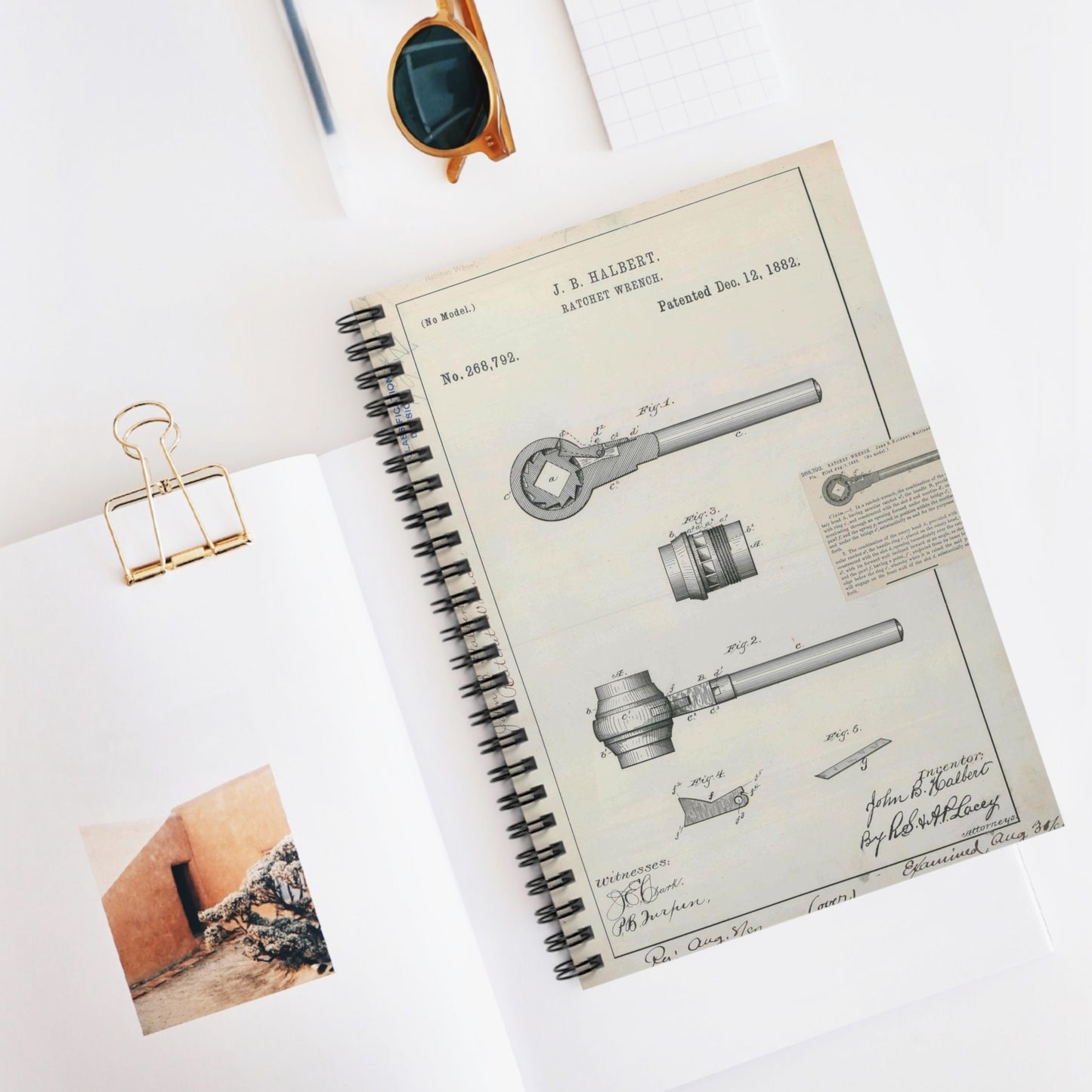 Patent Drawing of Engine - for J. B. Halbert's Ratchet Wrench Public domain image Spiral Bound Ruled Notebook with Printed Cover