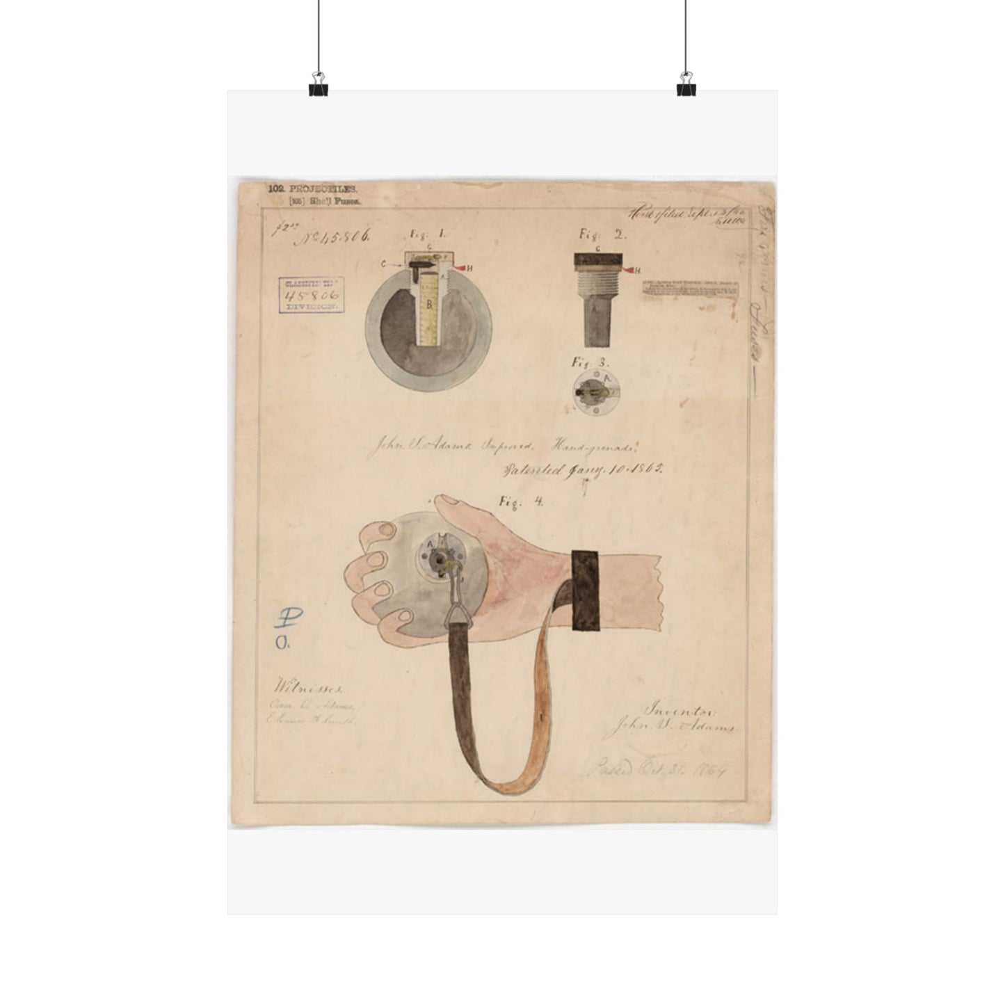 Patent drawing - Drawing of Improved Hand Grenade Public domain image High Quality Matte Wall Art Poster for Home, Office, Classroom