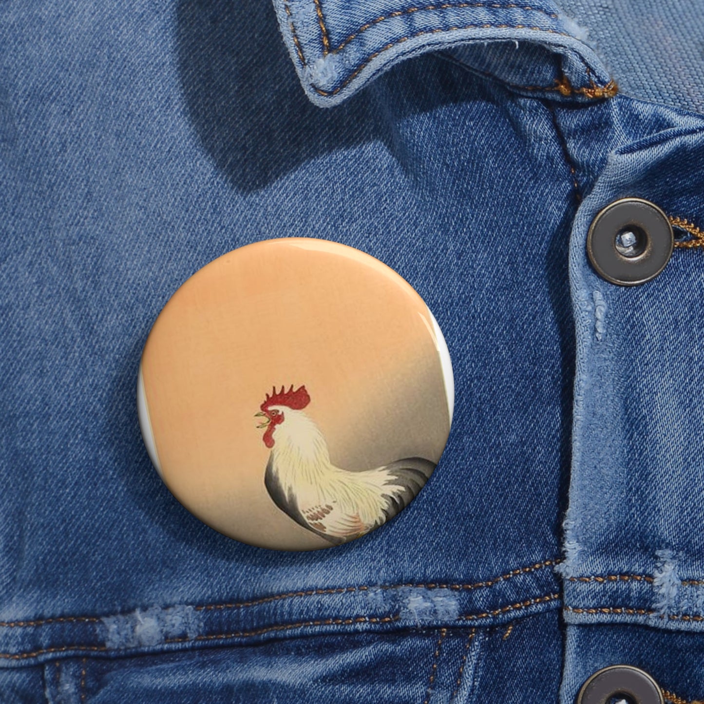 Koson - rooster-and-hen-at-sunrise, Ohara Koson Pin Buttons with Crisp Design
