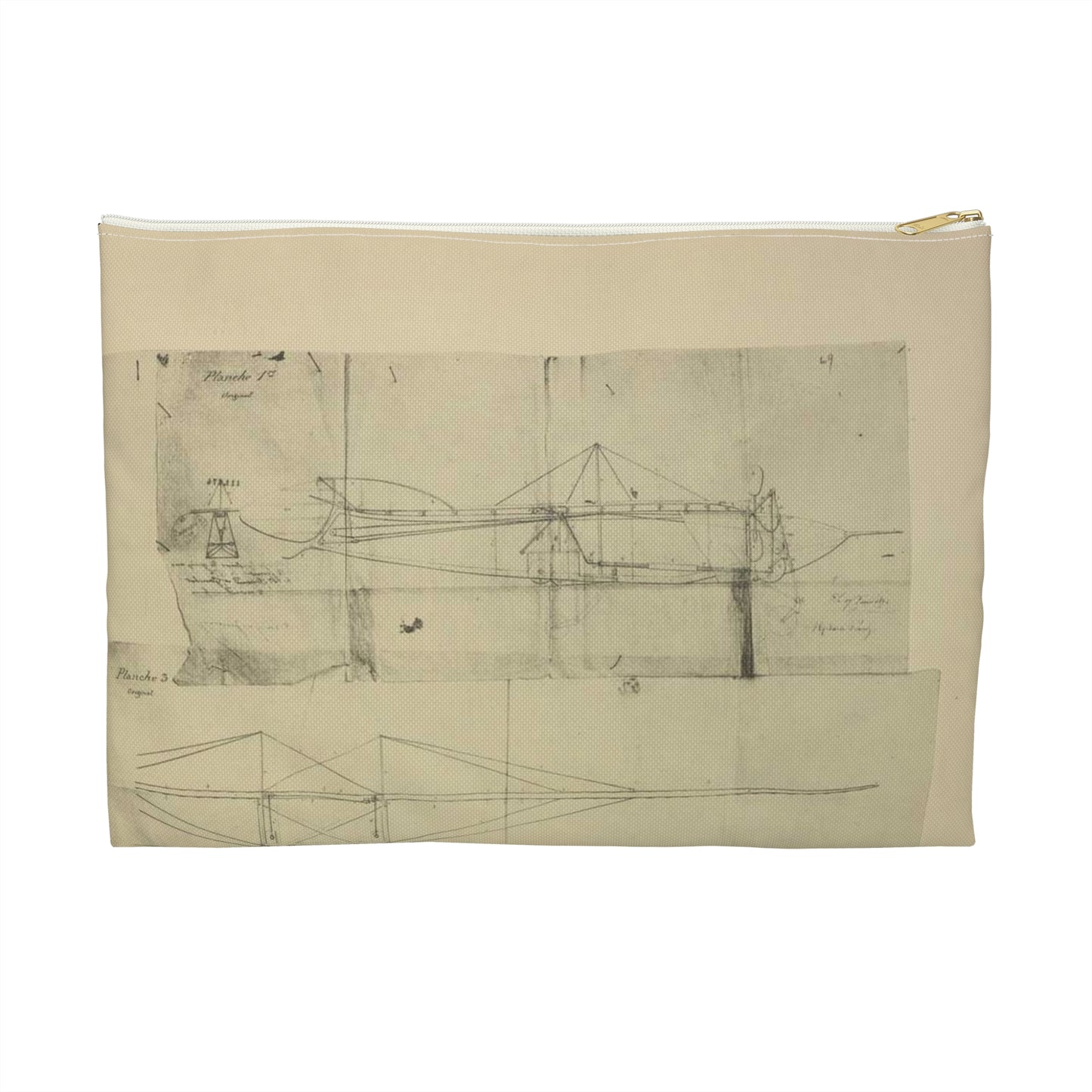 Patent drawing - Planche I et II du brevet n° 111.574 pris en France le 16 février 1876, par Penaud et Gauchot, pour «Un aéro-plane ou appareil aérien volant». Public domain image Large Organizer Pouch with Black Zipper