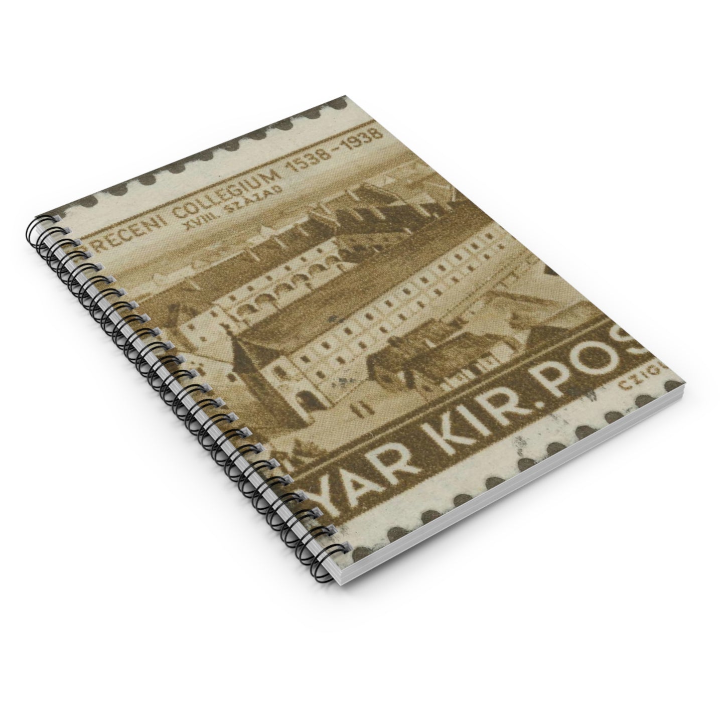 Frimärke ur Gösta Bodmans filatelistiska motivsamling, påbörjad 1950.Frimärke från Ungern, 1938. Motiv av Ungerns Universitet i Debreczen på 1700-talet. "400-årsminne: 1538-1938". Spiral Bound Ruled Notebook with Printed Cover